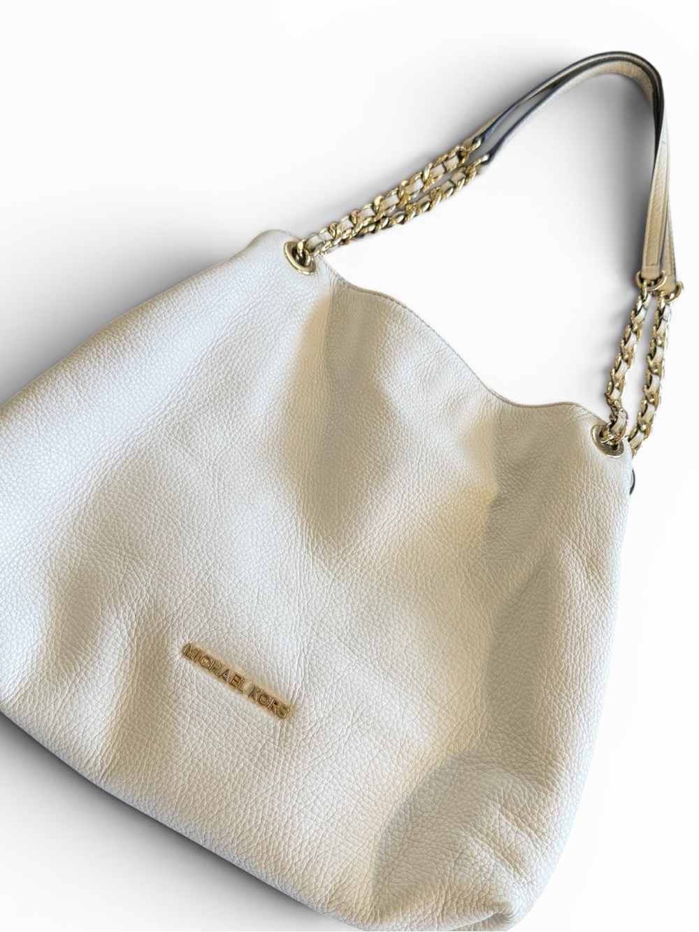 Michael Kors Ivory Pebbled Leather Shoulder Bag with Gold Chain Straps